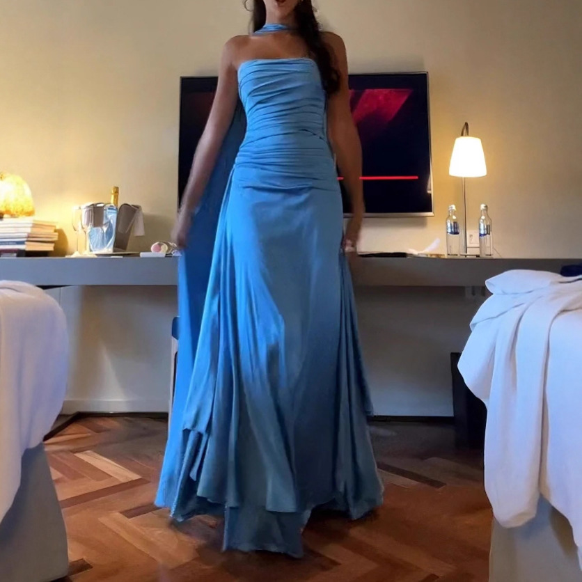 2026 New Style Strapless Evening Dress Lake Blue Dress for Women, Elegant and Slim-Fitting Long Dress with a Seaside Vacation Style