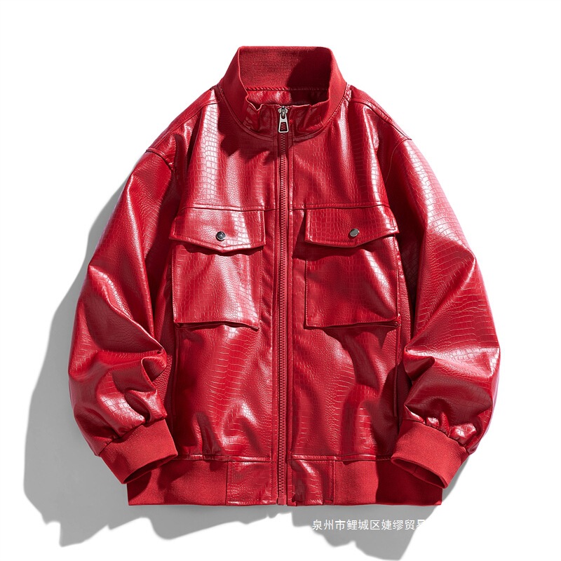 Cross-Border American Retro Pu Leather Jacket, Ribbed Stand-Up Collar Design, Crocodile Pattern Coating, Diagonal Chest Pocket, Motorcycle