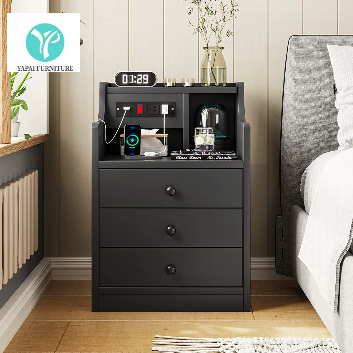 Панельная мебель Amazon для трансграничных поставок: прикроватная тумбочка для спальни с USB-интерфейсом, простая оптовая продажа от производителя.