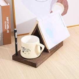 实木桌面三角形书签带饮料架书本展示摆件床头柜木质三角阅读架