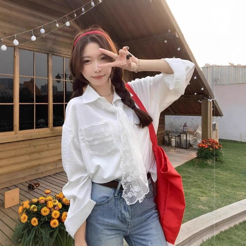 [Factory Direct Sale] + Silk Scarf, Elegant Lace Tie, Long-Sleeved White Shirt, Design Shirt, Cardigan Top