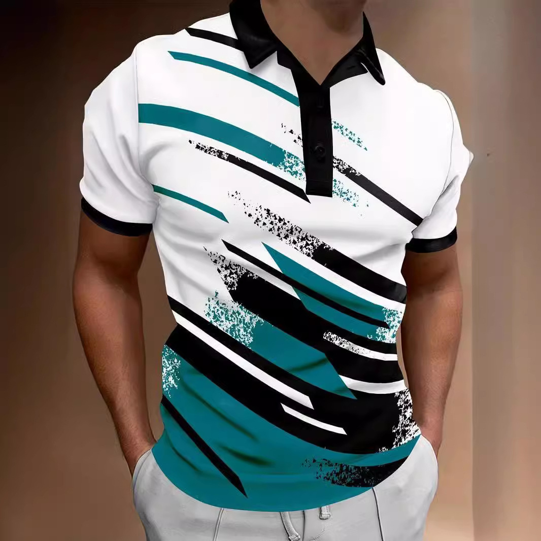 2024 Fashion Summer Cross-Border European and American 3D Digital Printing Lapel Short-Sleeved Pullover Casual Men's T-Shirt Buttoned Polo