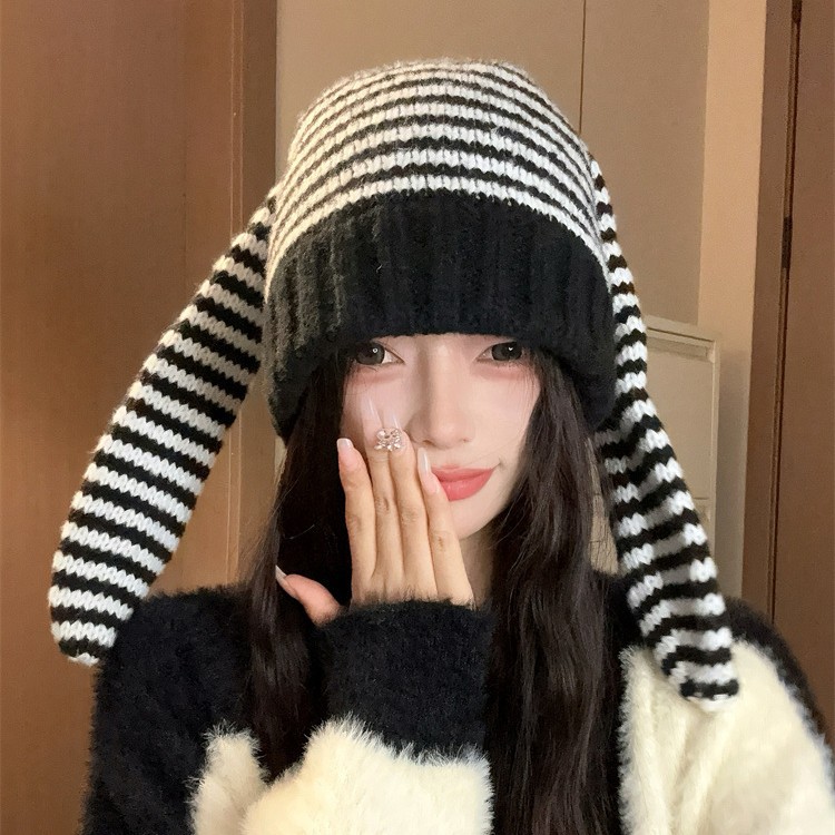 Cappello lavorato a maglia autunnale e invernale per donne con orecchie lunghe, grazioso cappello di lana a righe, calda protezione per le orecchie, cappello freddo dalla personalità unica_voghion.com