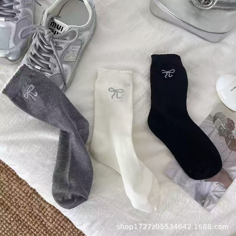 刺绣蝴蝶结灰色袜子花边银丝诸暨袜子女韩国银丝透气棉袜中筒女袜|undefined