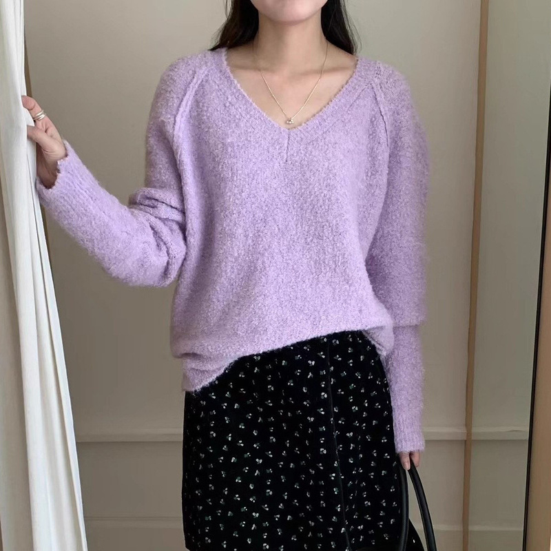 韩系温柔风V领毛衣女外穿秋冬新款软糯圈圈纱显瘦气质针织衫上衣|undefined