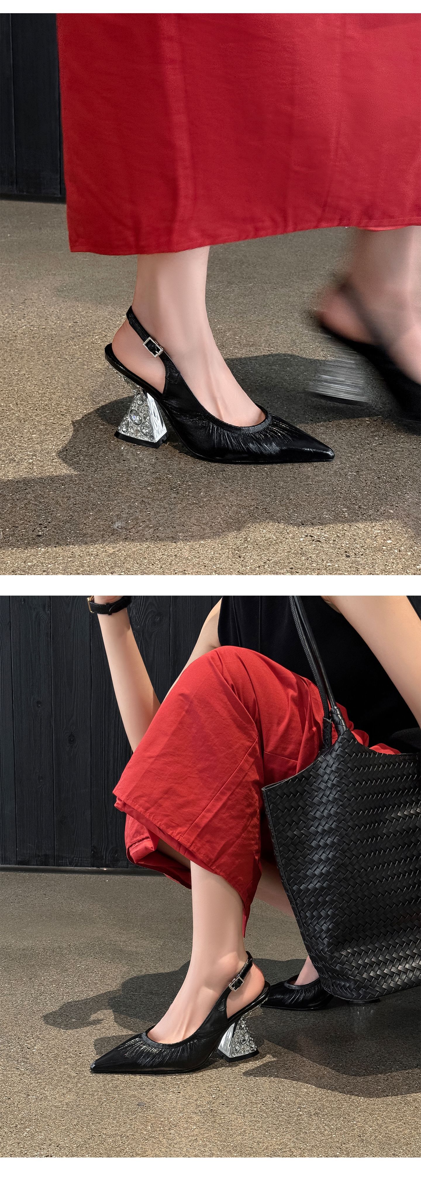 Sandal cao gót nữ mũi nhọn hở mũi quai sau xếp ly đính đá — màu đen, màu vàng, bạc chi tiết 19