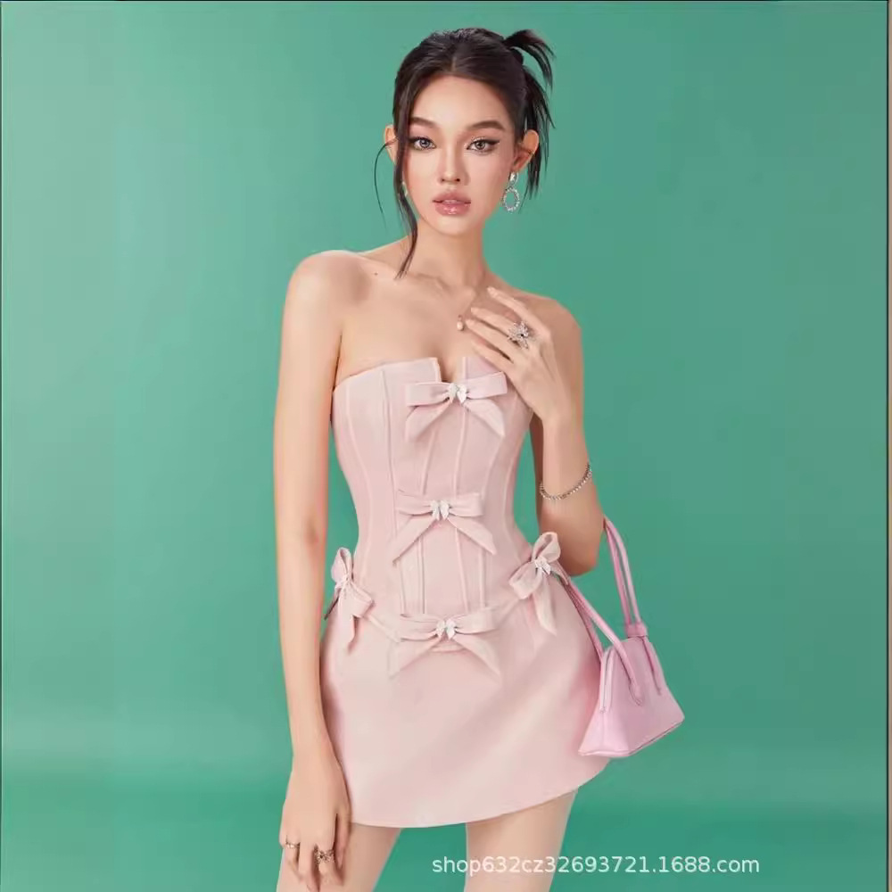 Pink Chanel Style Bow Strapless dress Women's High-end French Style Sweet and Gentle Slim-fit Slimming Dress
