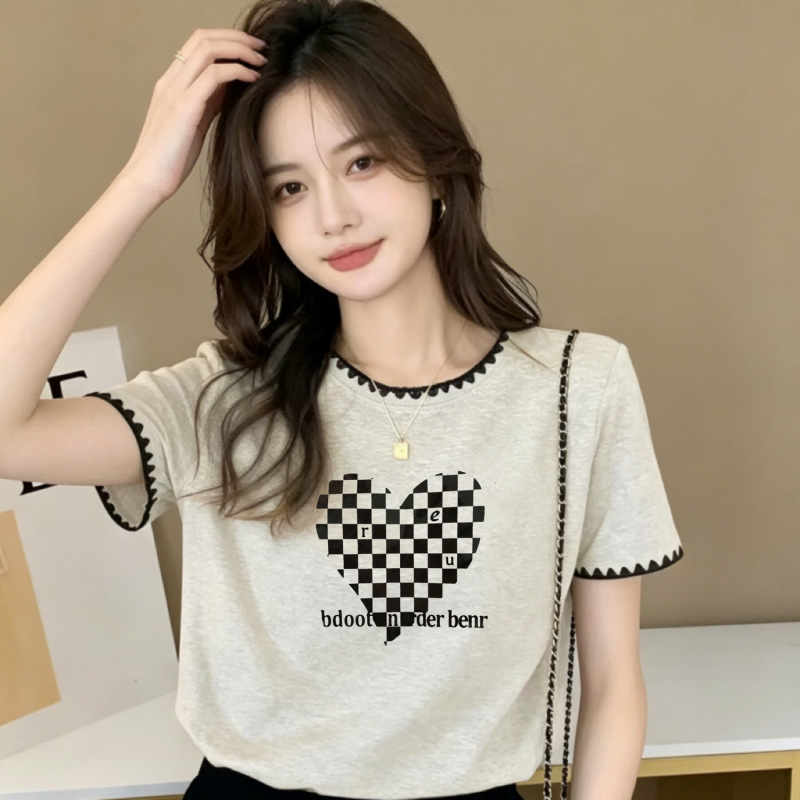 2026 Summer New Style Color-Blocking Lace Round-Neck T-Shirt for Women with Heart Print Short Sleeves Loose Slimming Top for Women 2026 Summer New Style Color-Blocking Lace Round-Neck T-Shirt for Women with Heart Print Short Sleeves Loose Slimming Top for Women