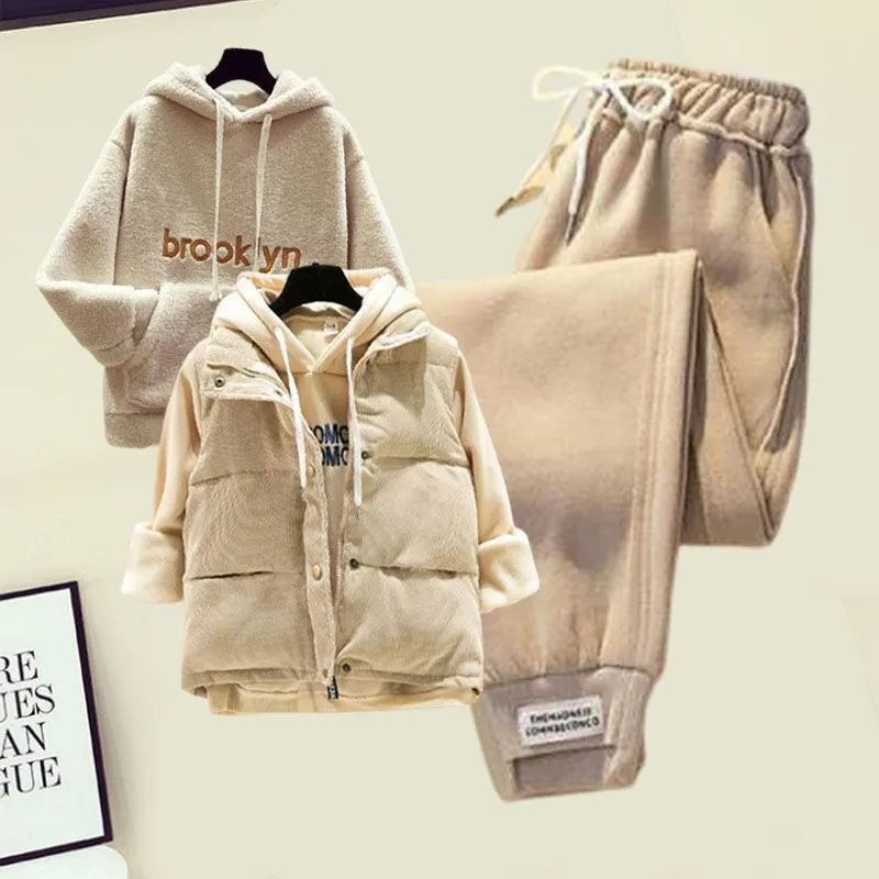 Autumn and Winter Fleece-Lined Thickened Faux Sherpa Sweatshirt down Vest High-Waisted Elastic Casual Pants Three-Piece Fashion Set for Women