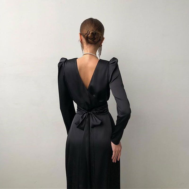 Comercio exterior europeo y americano Amazon AliExpress deseo Mujeres Nuevo satén manga larga vestido negro cuello redondo vestido de noche image 4
