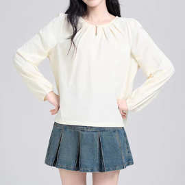 法式复古圆领长袖衬衫女2025新款春秋高级感宽松休闲气质上衣