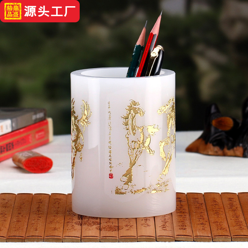 定制马到成功琉璃笔筒办公室创意工艺品教师节礼品公司摆件高级感