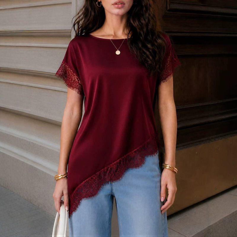 2026 Summer New Collection: European and American Style Women's Solid-Color Top, Slim-Fit, Round Neck, Satin with Lace Trim, Short-Sleeve T-Shirt 2026 Summer New Collection: European and American Style Women's Solid-Color Top, Slim-Fit, Round Neck, Satin with Lace Trim, Short-Sleeve T-Shirt