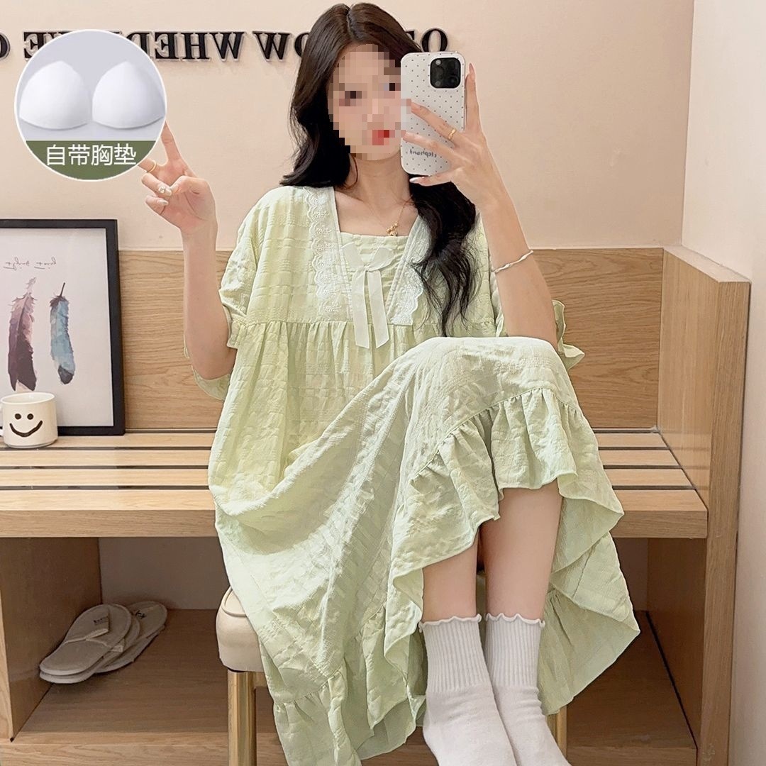 Cloud Cotton Nightgown, Summer Short-Sleeved Pajamas That Can Be Worn Outside, Sweet Princess Style Mid-Length Skirt with Breast Pads, Home Wear
