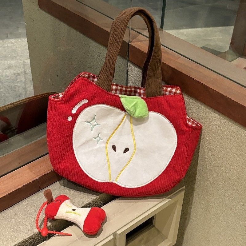Cute Apple Handbag Corduroy New Year Bag Versatile Eye-Catching Handbag Storage Bag Autumn and Winter F2