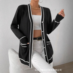 アマゾンクロスボーダーvネック婦人服セーター秋冬ゆるいニットコートカジュアル純色ポケット付き長袖カーディガン