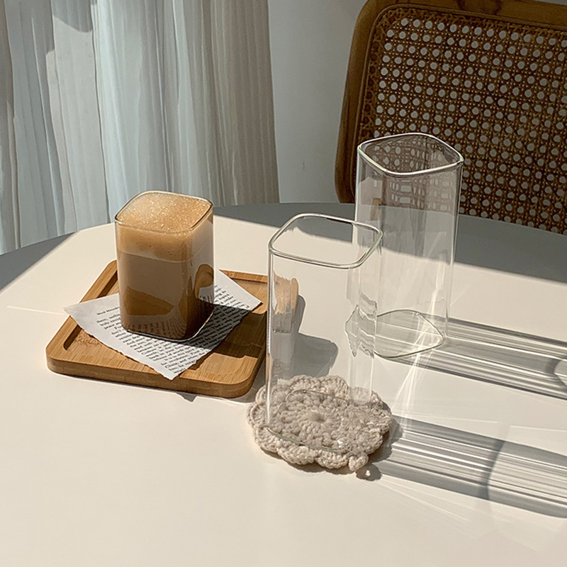 Taza de vidrio cuadrada de alto borosilicato Taza de té Taza de agua doméstica Taza de desayuno Taza de vidrio transparente de una sola capa de espesor resistente al calor