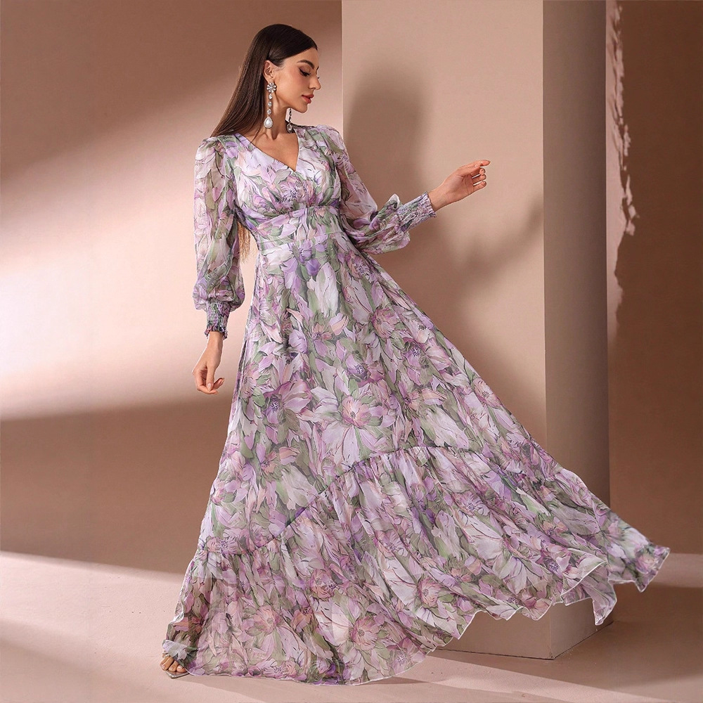 KY1614跨境欧美长袖女装时尚印花长款气质连衣裙晚礼服