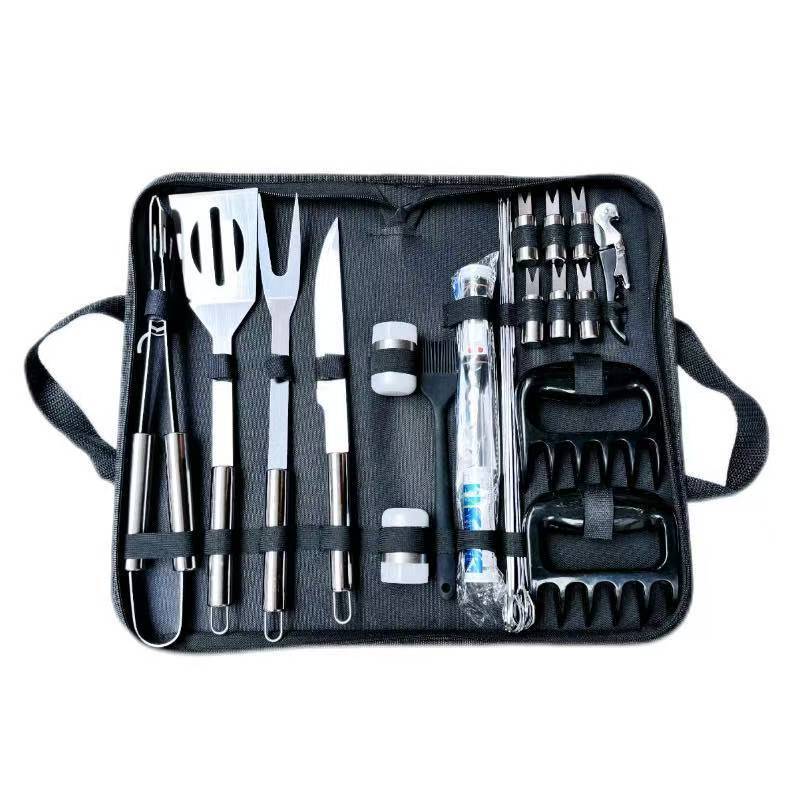Amazon venta caliente de acero inoxidable herramientas de barbacoa al aire libre bolsa de tela BBQ grill horquilla de horquilla caja de aluminio conjunto de combinación