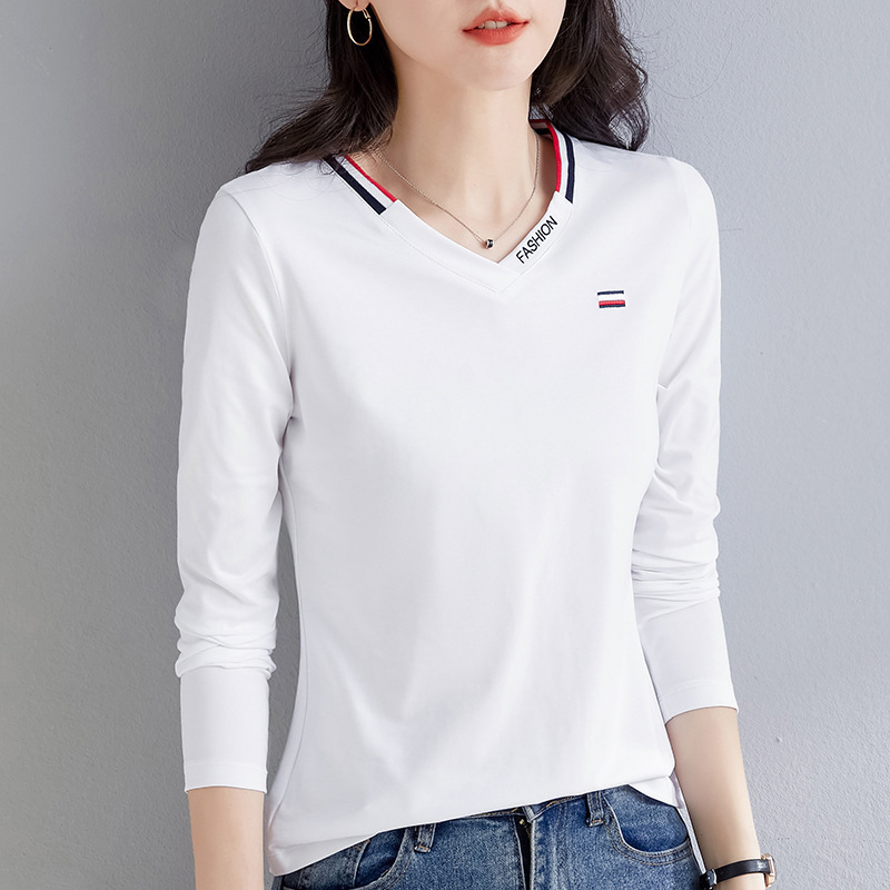 ホワイトVネックインナーレイヤリングシャツ、女性用スリムフィットTシャツ、2025年初春新作アウター長袖薄手トップス|undefined