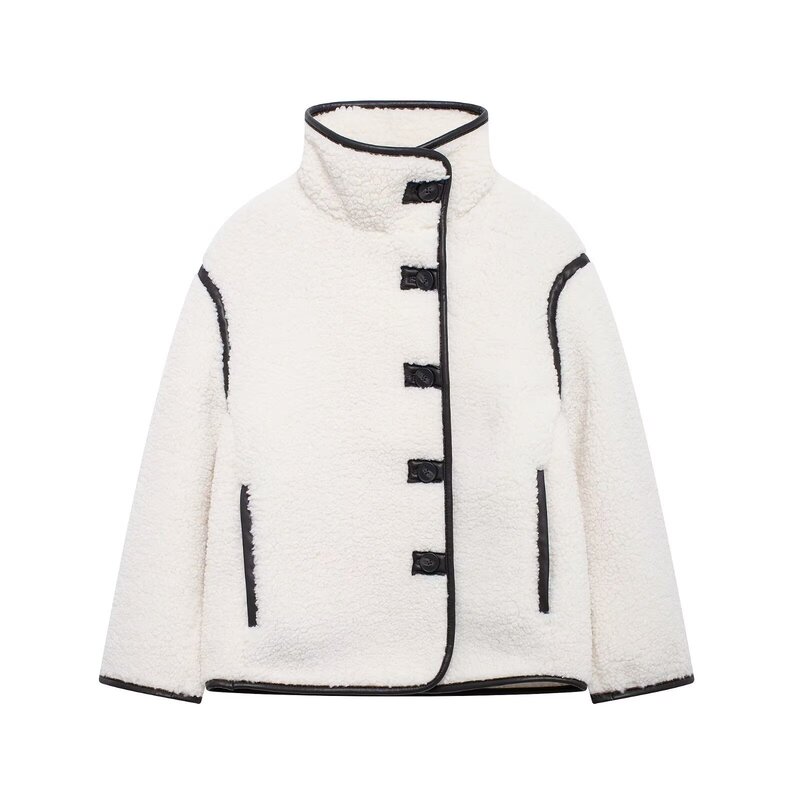 Za Cross-Border Women's Clothing Wholesale European and American Style Stand-Up Collar Contrasting Color Loose Warm Teddy Velvet Jacket 1249958