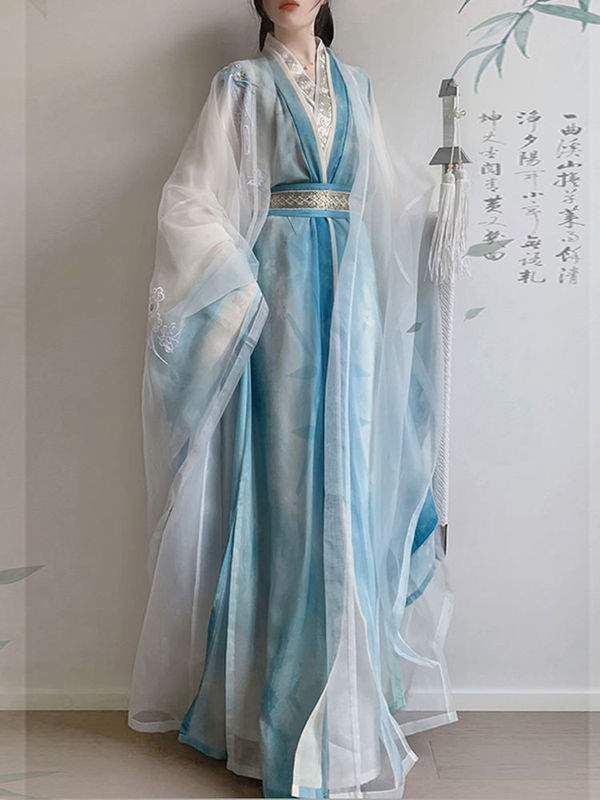Yaochi Hanfu for Women [Luoshenfu] Tang-Style Wide Sleeve Shirt with Straight Hem, Exquisitely Embroidered Daily Super Fairy-Like Outfit, Autumn Edition