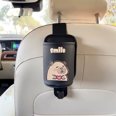 bag, front and rear seat – Car cup holder/beverage holder - black-leather-cup-holder-with-hook-new-heart-holding-capybara-design