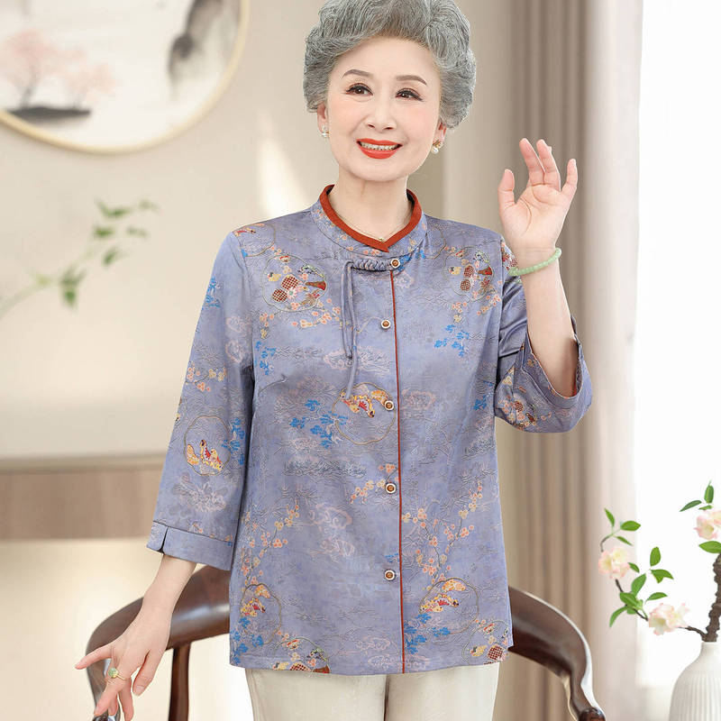 奶奶国风衬衫中老年人女装妈妈夏季衬衣七分袖新中式上衣气质老人|undefined