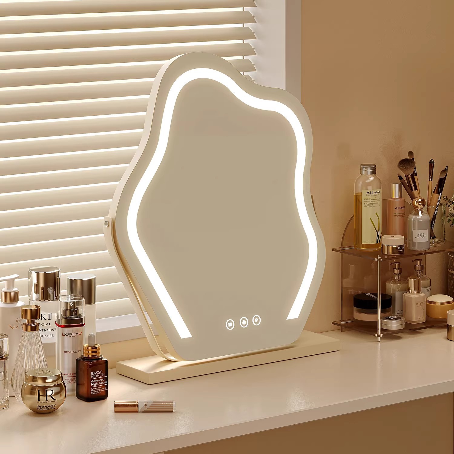 Espejo de maquillaje de nubes LED con lámpara Espejo giratorio Espejo de mesa Espejo de maquillaje de dormitorio principal