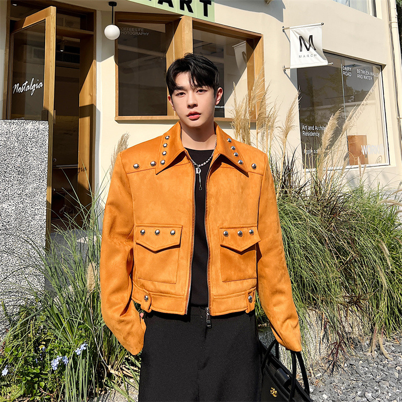 Retro Men's Street Rivet High Waist Short Suede Jacket Lapel