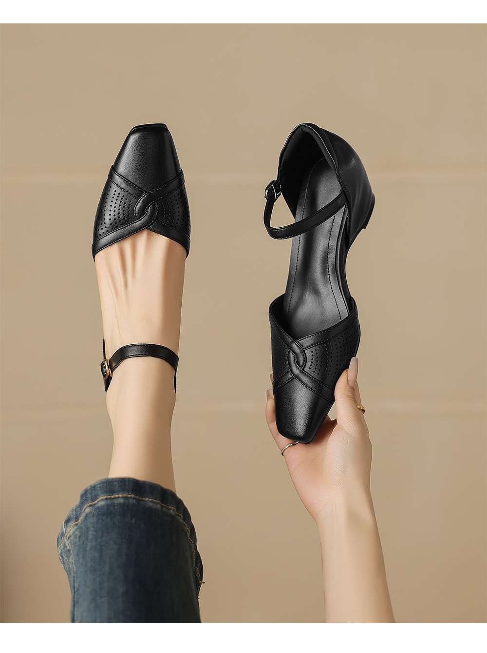 Sandal cao gót nữ quai ngang mũi vuông kiểu Pháp, gót thô ổn định — đen chi tiết 14