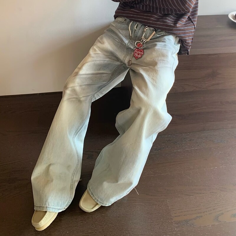 Hy711 Cream Rubbed Dirty Straight Baggy Jeans for Men and Women American Retro Loose Wide-Leg Casual Pants