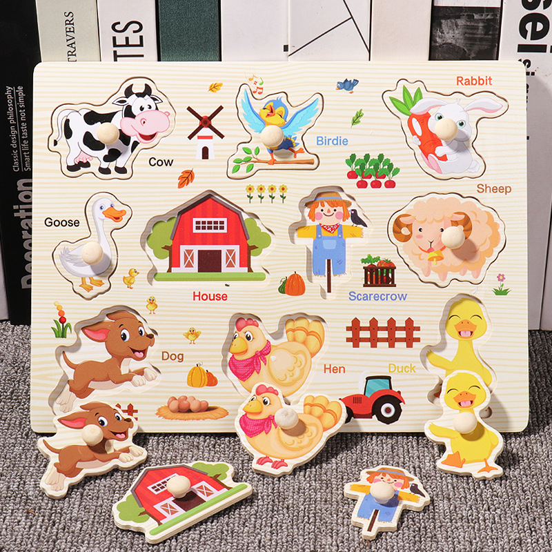 Rompecabezas de tablero de agarre de mano con clavos de hongo, juguetes de madera de educación temprana Montessori para niños, números de letras, forma de fruta, rompecabezas cognitivo
