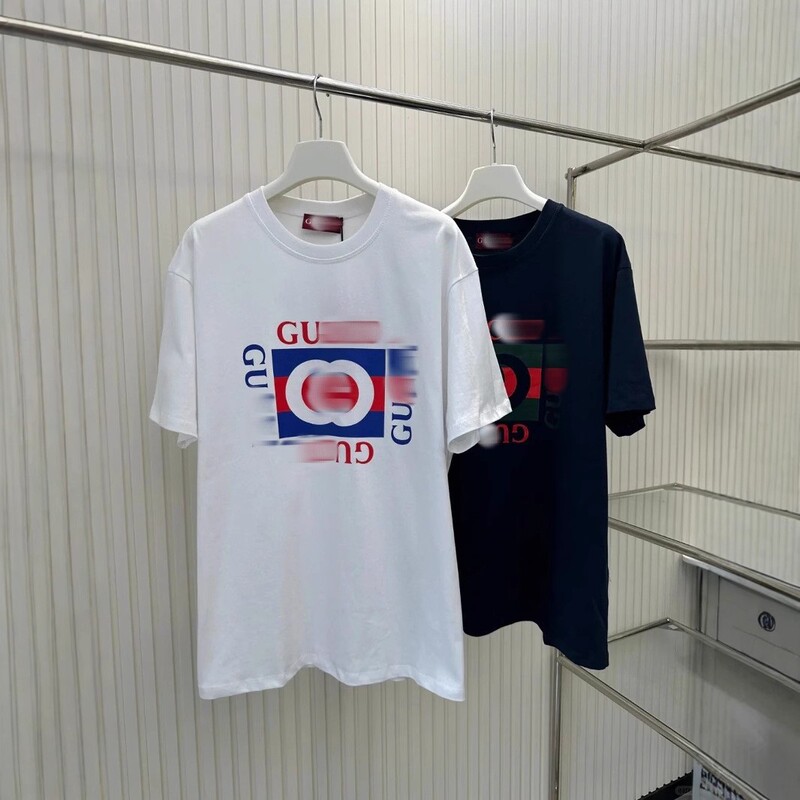 G Brand 2025 New Style Gu Brand Chest Color-Block Red and Blue Striped Square Letter Print Round Neck Short-Sleeve T-Shirt for Men and Women