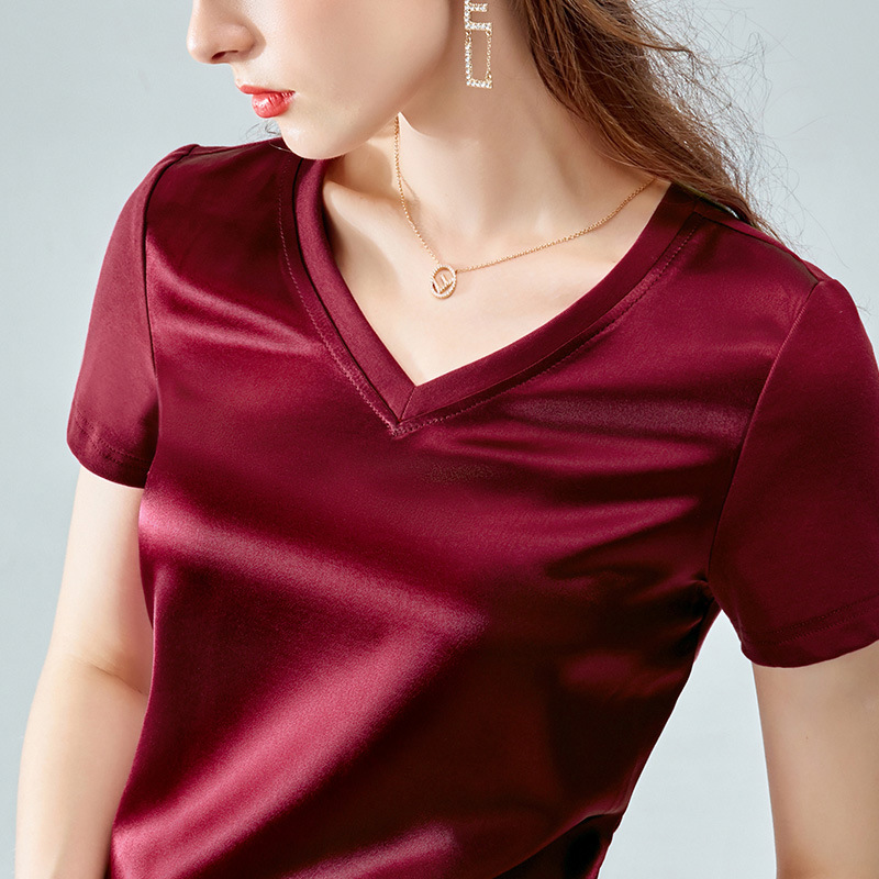 Top de acetato para mujer 2023 verano nuevo estilo coreano de moda de las mujeres sueltas costura satén clavícula cuello en V manga corta Camiseta