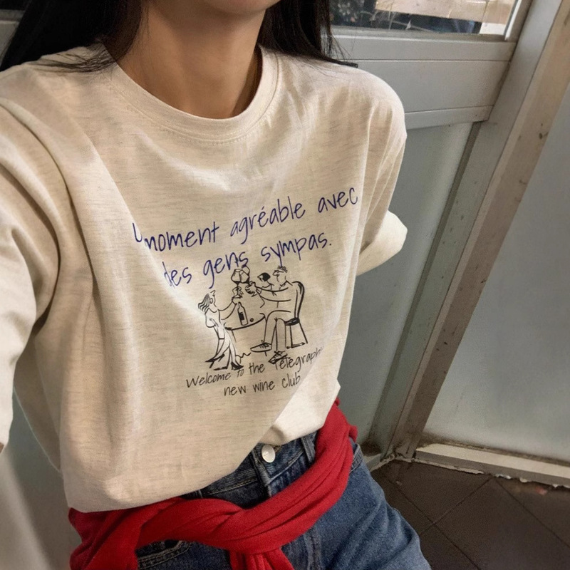 in stock South Korea Dongdaemun Summer New Casual Cartoon Vintage Illustration Graffiti Print Round Neck Short-sleeved Women's T-shirt