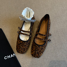 羊皮版~真皮平底豹纹一字扣芭蕾单鞋女2025新款复古玛丽珍奶奶鞋