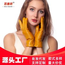 骑行头层真皮手套新款女毛绒保暖加厚手套手背绣方格手套