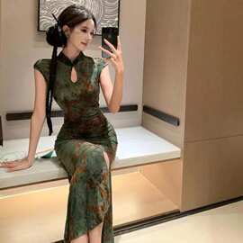 新中式国风复古性感印花改良旗袍连衣裙女夏季风情万种包臀长裙子