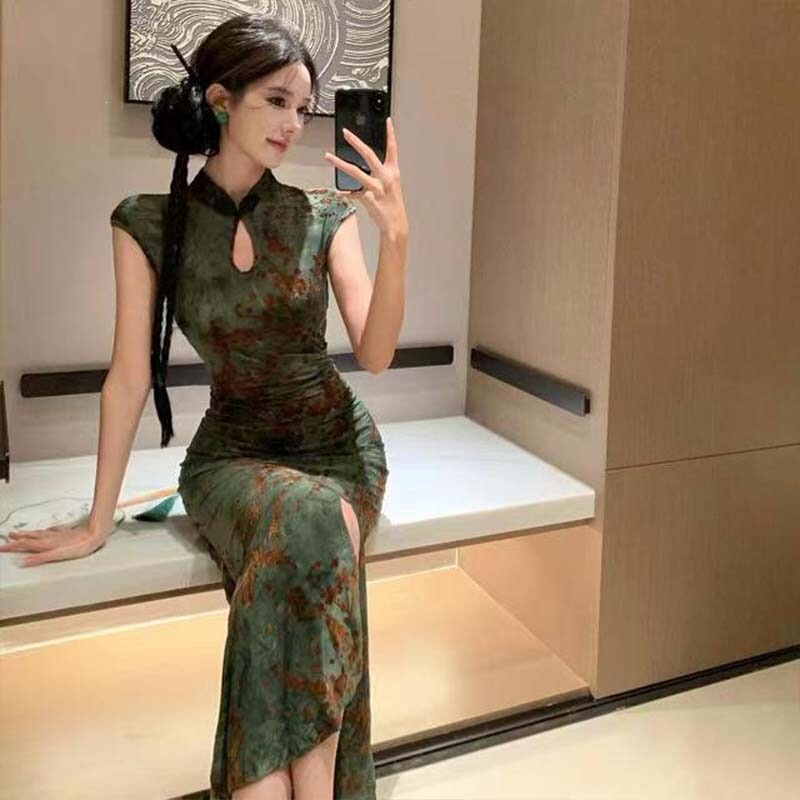 New Chinese-style retro sexy printed modified cheongsam dress for women, summer alluring bodycon long dress