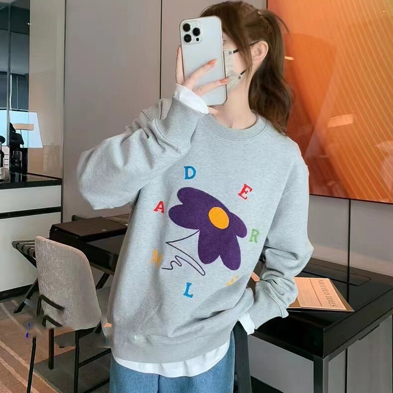 Ader Towel Embroidery Sweatshirt Loose Round Neck Pullover Korean Style Top Unisex Long Sleeve 3D Embroidery Mid-Length Style
