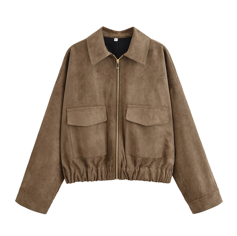 Cross-Border Women's Clothing 2025 Autumn and Winter European and American Style Pocket Decorative Suede Texture Zipper Jacket Jacket for Women A711724