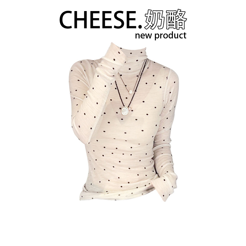 CHEESE 奶酪 法式波点修身微透长袖上衣女秋冬韩版高领纯欲打底衫