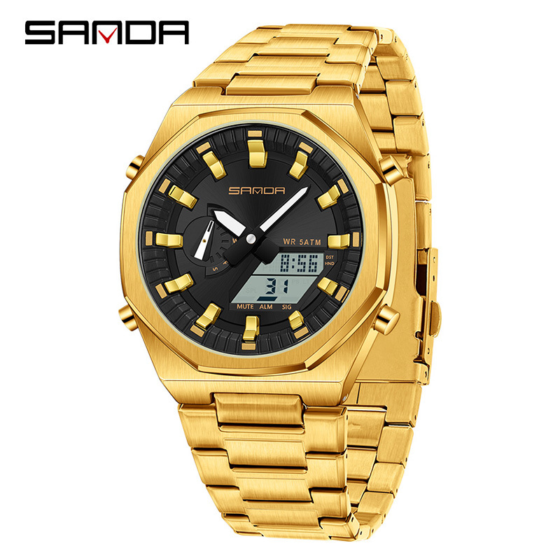 SANDA SANDA reloj electrónico sincronizado doble pantalla multifuncional reloj de hombre octogonal cuenta atrás reloj de pulsera de luz nocturna 3376