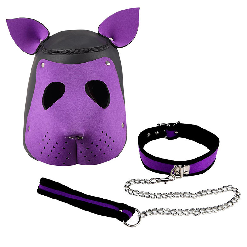 Leather Dog Head Mask with Purple Ears, Human K9 Costume Headgear — detail image 16