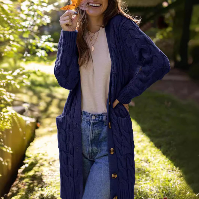 New Solid Color Coat Long Sleeve Twig Knitted Long Cardigan Women's Autumn and Winter Thick Cardigan Button Sweater with Pocket