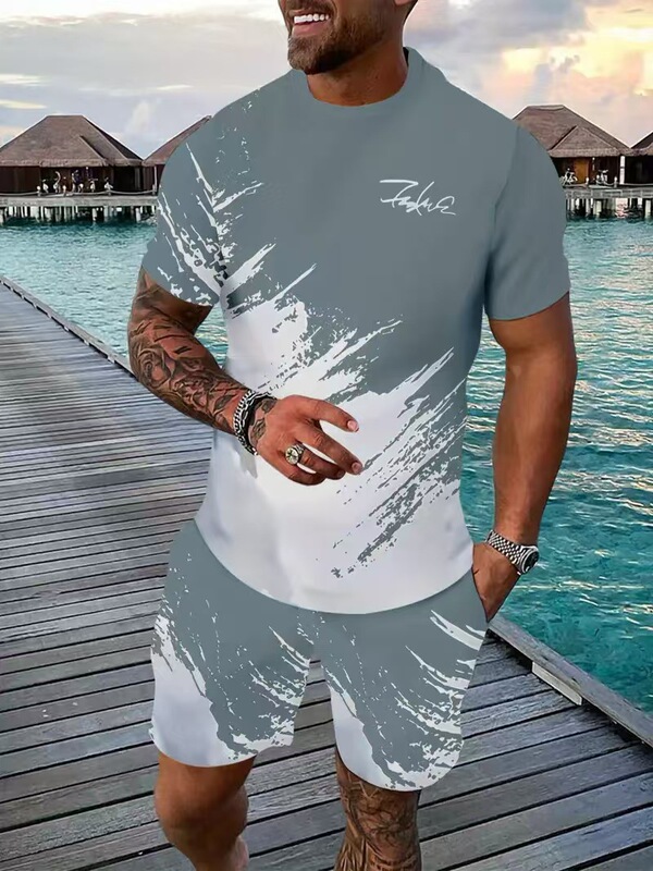 アマゾンヨーロッパとアメリカの夏のファッション Tシャツショーツセット 3D デジタル印刷ストリートルーズカジュアルビーチスーツ|undefined