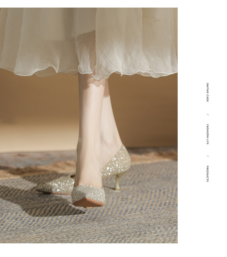 Giày cao gót mũi nhọn sequin lấp lánh CG6018 – miệng nông, gót nhọn — Màu Sâm panh chi tiết 17