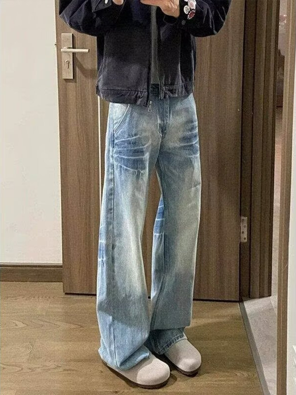 ウォッシュドブルーストレートジーンズメンズアメリカンレトロハイストリートバイブパンツクリーンフィットシミターマイクロフレアパンツトレンディ|undefined