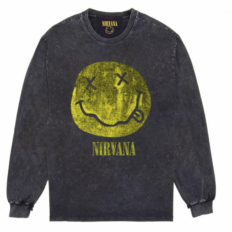 Nirvana Vintage American retro apenado rock punk angustiado lavado batik Camiseta de manga larga